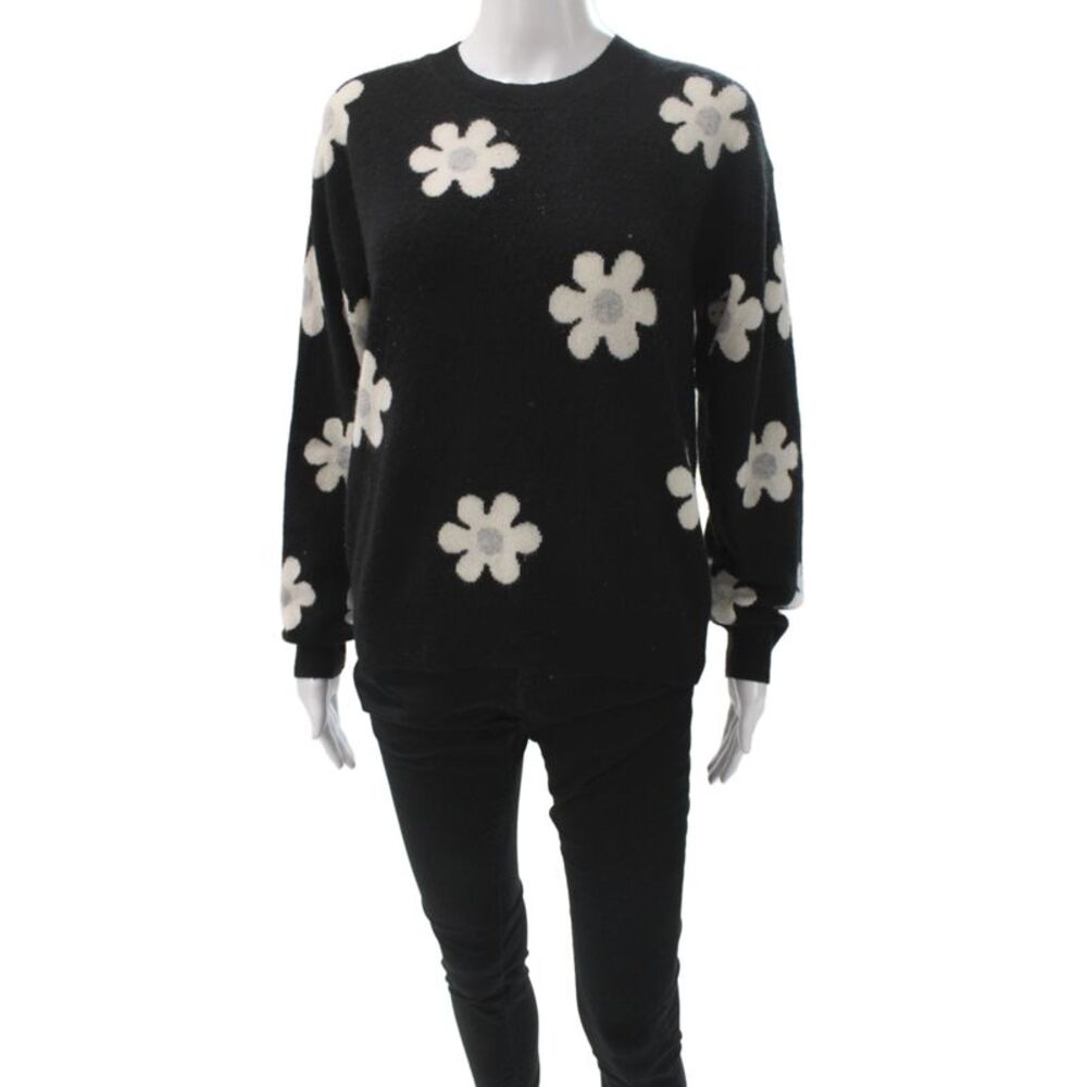 Aqua Cashmere Women Black Floral Crewneck Long Sleeve Pullover Cashmere Size S